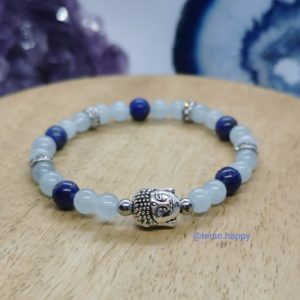 Bracelet personnalisé en pierres naturelles lapis-lazuli aigue-marine acier inoxydable tête de Bouddha