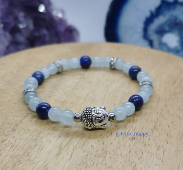 Bracelet personnalisé en pierres naturelles lapis-lazuli aigue-marine acier inoxydable tête de Bouddha