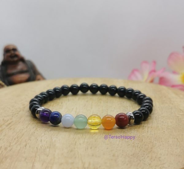 Bracelet harmonisation et protection des chakras en pierres naturelles et acier inoxydable bambou corail cornaline citrine aventurine aigue marine lapis-lazuli améthyste tourmaline