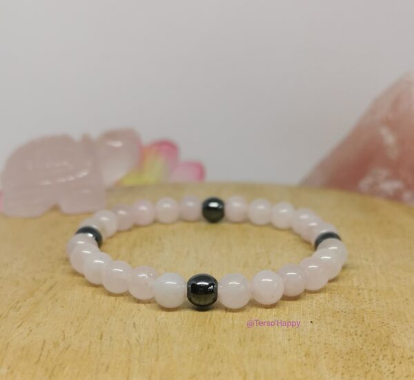 Bracelet en pierres naturelles quartz rose et hématite acier inoxydable