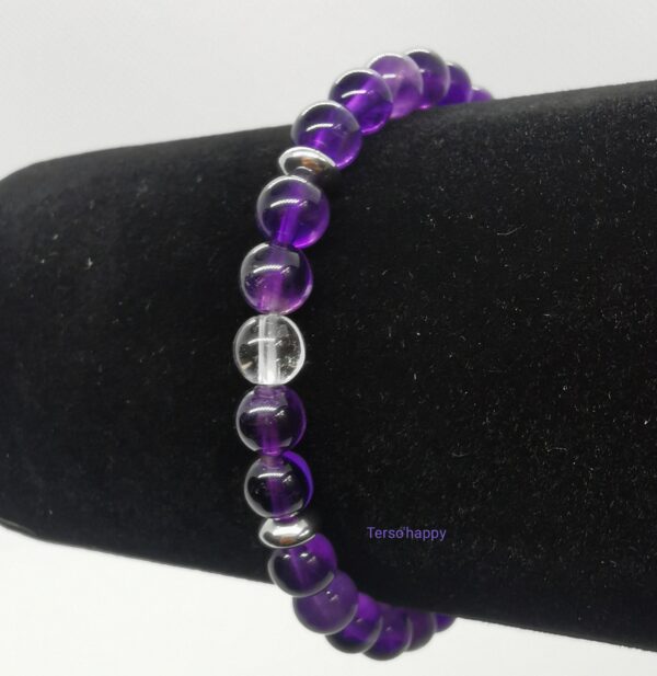 Bracelet en pierres naturelles d'améthyste violette et de cristal de roche transparent, perles intercalaires en acier inoxydable. Collection chakras