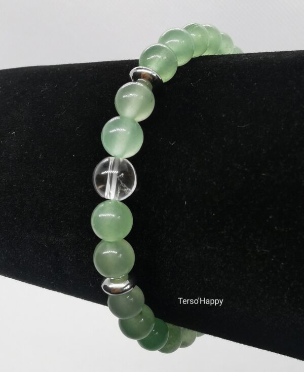 Bracelet en pierres naturelles d'aventurine et de cristal de roche. Perles intercalaires en acier inoxydable