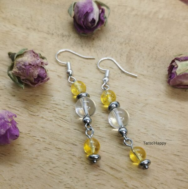 Boucles d'oreilles en pierres naturelles de Citrine et de Cristal de roche. Perles et tiges en acier inoxydable.