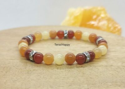 Bracelet personnalisé en pierres naturelles oranges et jaunes: Agate rouge, Cornaline et Calcite. Perles intercalaires strass en acier inoxydable