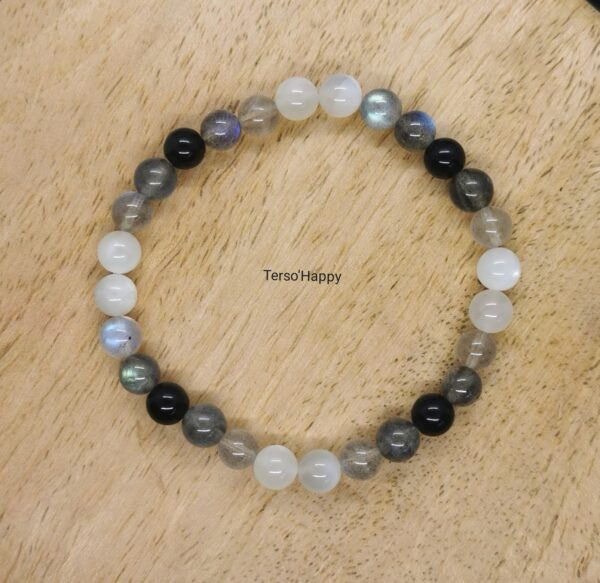 Bracelet dégradé gris avec perles naturelles d'Obsidienne œil céleste, de Labradorite et de Pierre de Lune