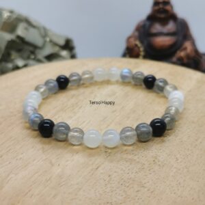 Bracelet dégradé gris avec perles naturelles d'Obsidienne œil céleste, de Labradorite et de Pierre de Lune