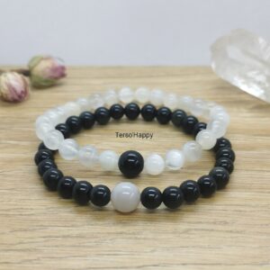 Bracelet noir et blanc "harmonie yin et yang" en pierres naturelles de pierre de lune et d'obsidienne œil céleste