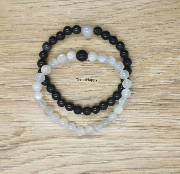 Bracelet noir et blanc "harmonie yin et yang" en pierres naturelles de pierre de lune et d'obsidienne œil céleste