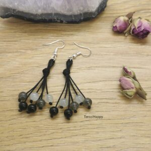 Boucles d'oreilles dégradé gris avec perles naturelles d'Obsidienne œil céleste, de Labradorite et de Pierre de Lune