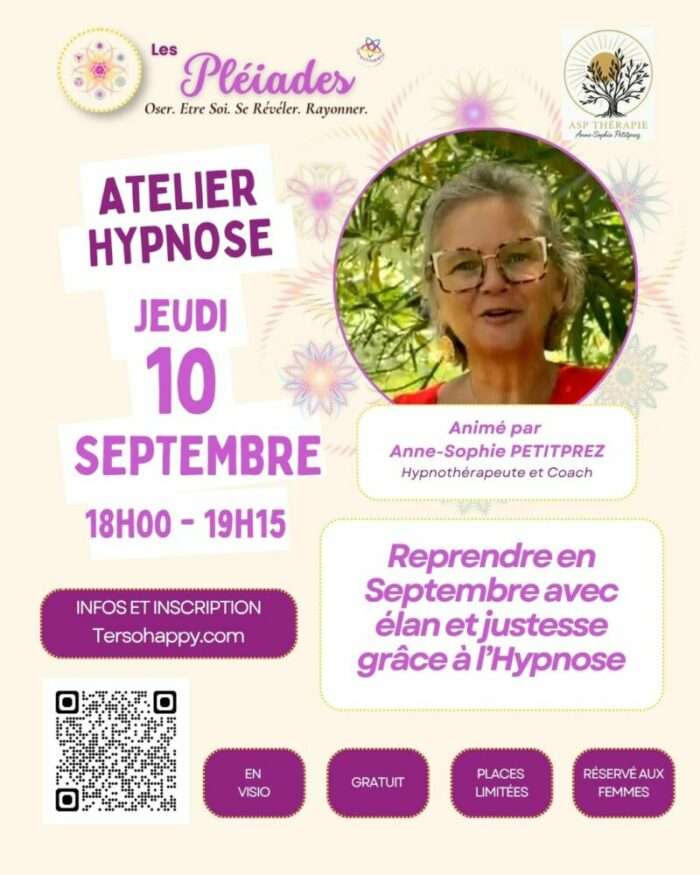 Atelier Hypnose Anne Sophie pour le Cercle des Pléiades Visuel atelier Hypnose Anne Sophie pour le Cercle des Pléiades