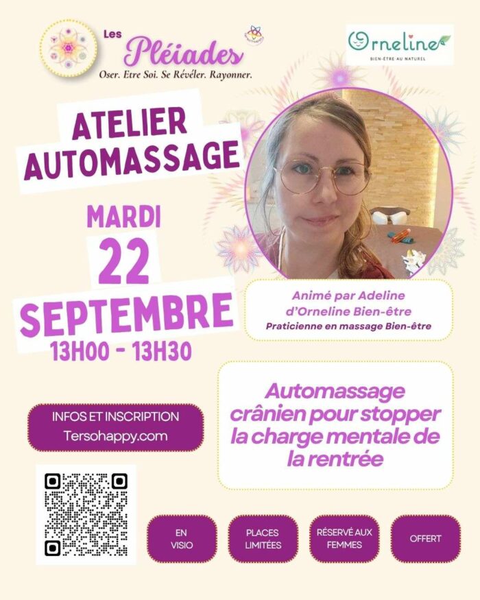 Infos sur l'atelier automassage proposé par d'Adeline d'Orneline Bien-être pour la Pléiade de septembre